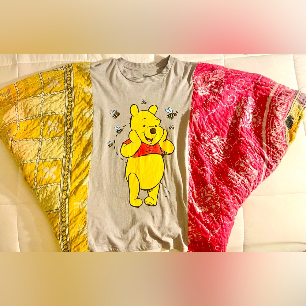 Disney Winnie The Pooh KANTHA Upcycled Handmade Poncho Boho T-Shirt ONE SIZE